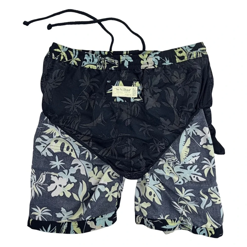 Tori Richard Swim Trunks Shorts Men Medium Black Tropical Parrot Lined Brief NWT